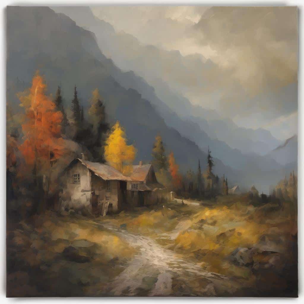 Ζωγραφική τοπίο με βουνά και δάση, τέχνη και δημιουργικότητα σήμερα, εξώφυλλο έργου τέχνης.