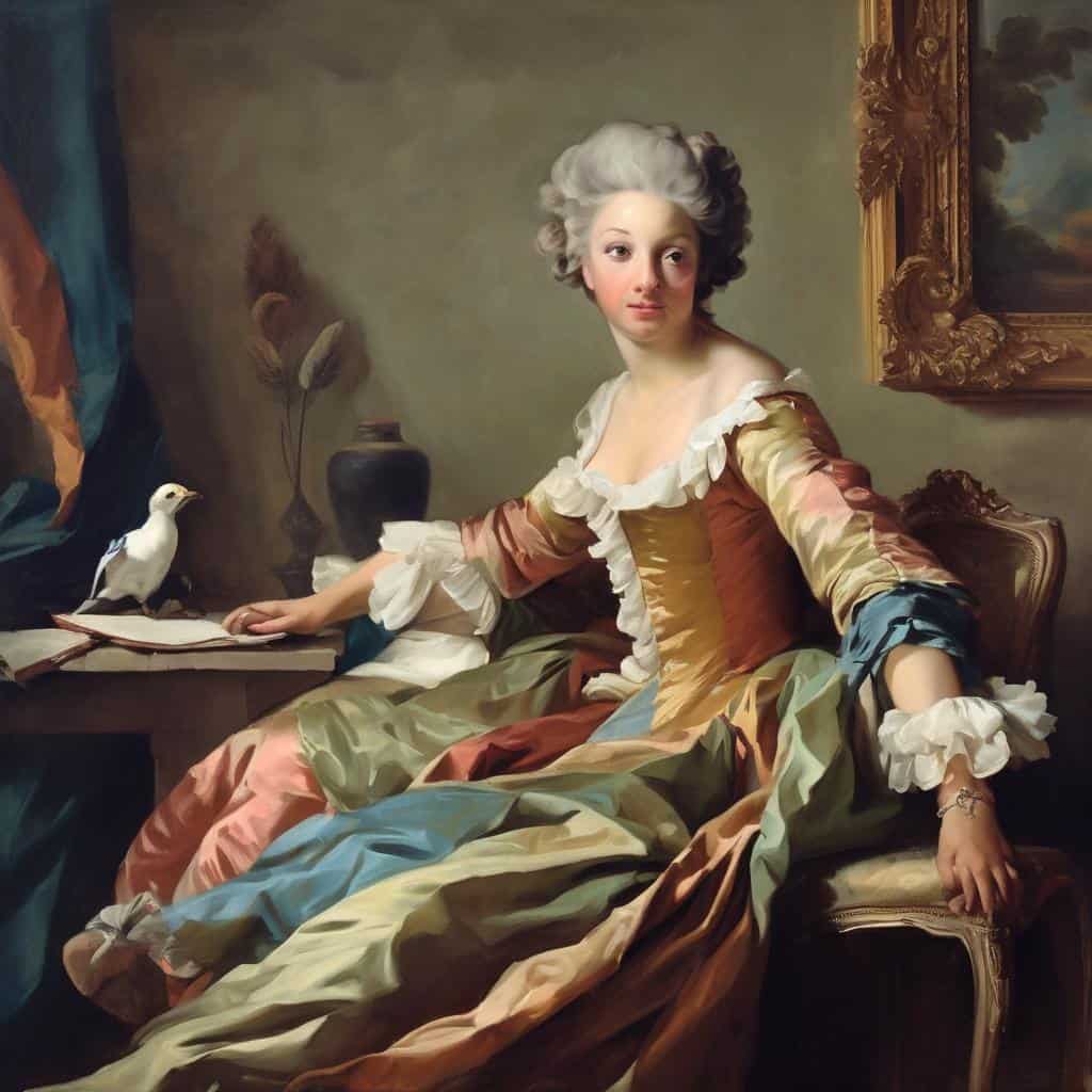 Θηλυκή πορτρέτο σε κλασικό στυλ με ρούχα εποχής, ζώα και έργα τέχνης, στη σύγχρονη τέχνη και δημιουργικότητα.