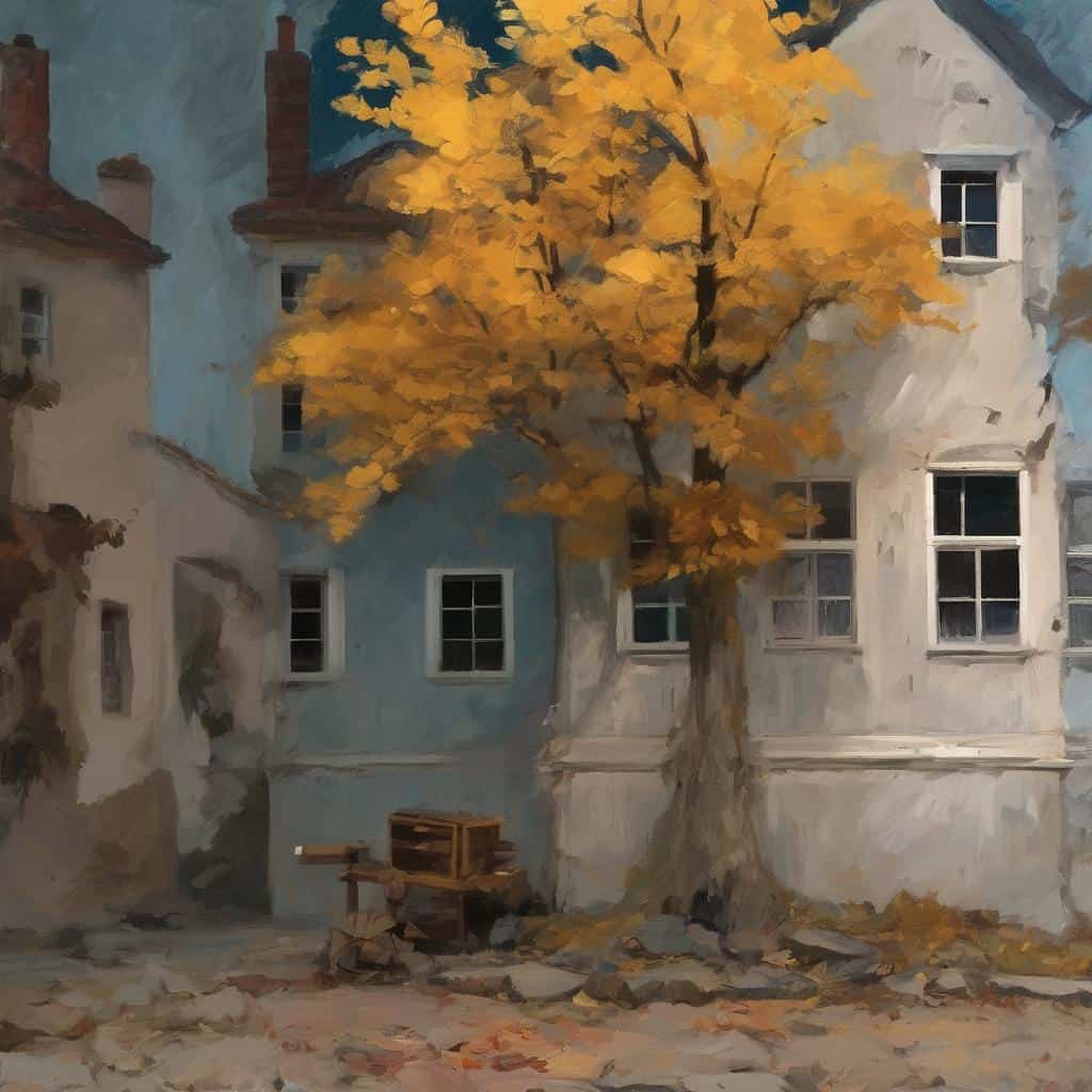 Παραδοσιακή εικόνα με δέντρο και παλιά σπίτια σε γούστο ζωγραφικής, τέχνη και δημιουργικότητα.