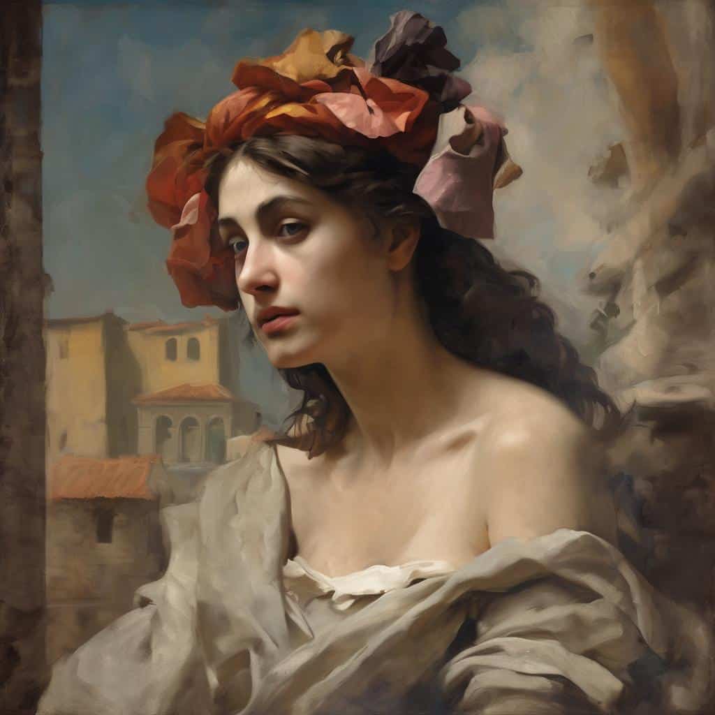 Σύνθετη ζωγραφική πορτρέτου με σύγχρονη τέχνη και δημιουργικότητα, εικόνα γυναίκας με λουλούδια στο κεφάλι.