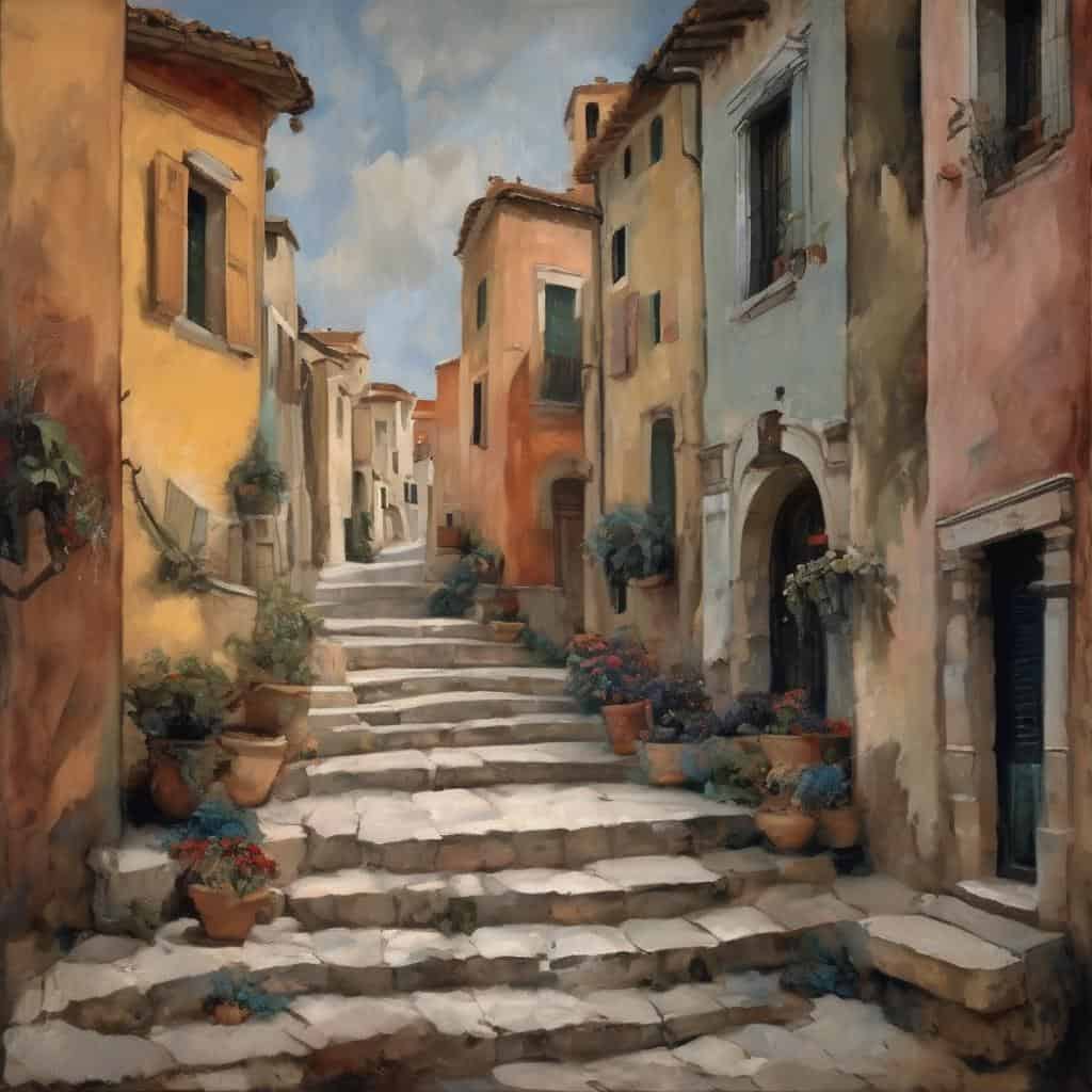 ζωγραφιά με παλιά ερειπωμένα κτήρια, καλοκαιρινή ατμόσφαιρα, τέχνη και δημιουργικότητα, πολιτισμό και καλλιτέχνες, υπαίθριες σκηνές, εικόνα τέχνης και έμπνευσης.